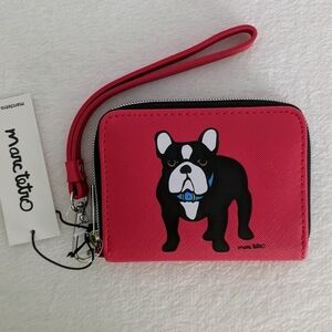 marc tetro Frenchie Print Wallet Wristlet Zip Around PVC Saffiano Red NWT